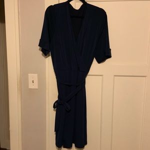 Stretchy Faux Wrap Dress - navy blue